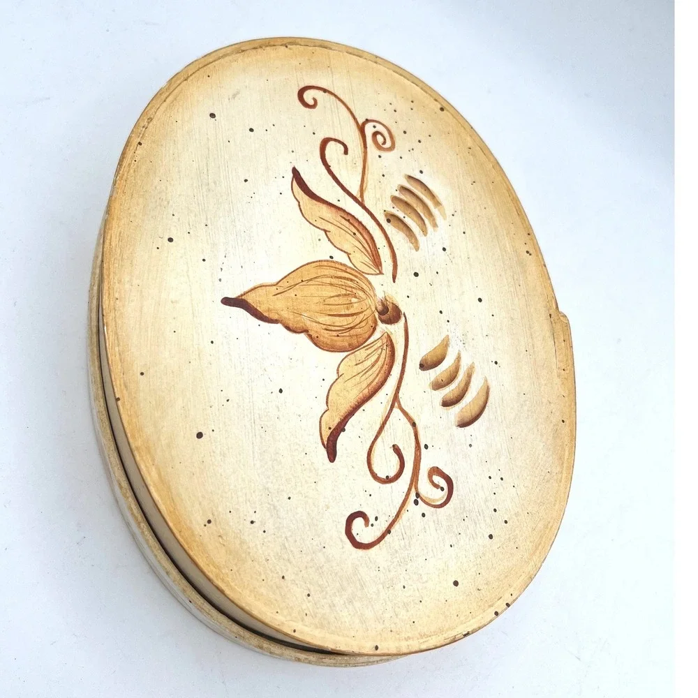 Vtg Signed Folk‎ Art Bentwood Oval shaker Box Lidded Rosemaling Scan Style